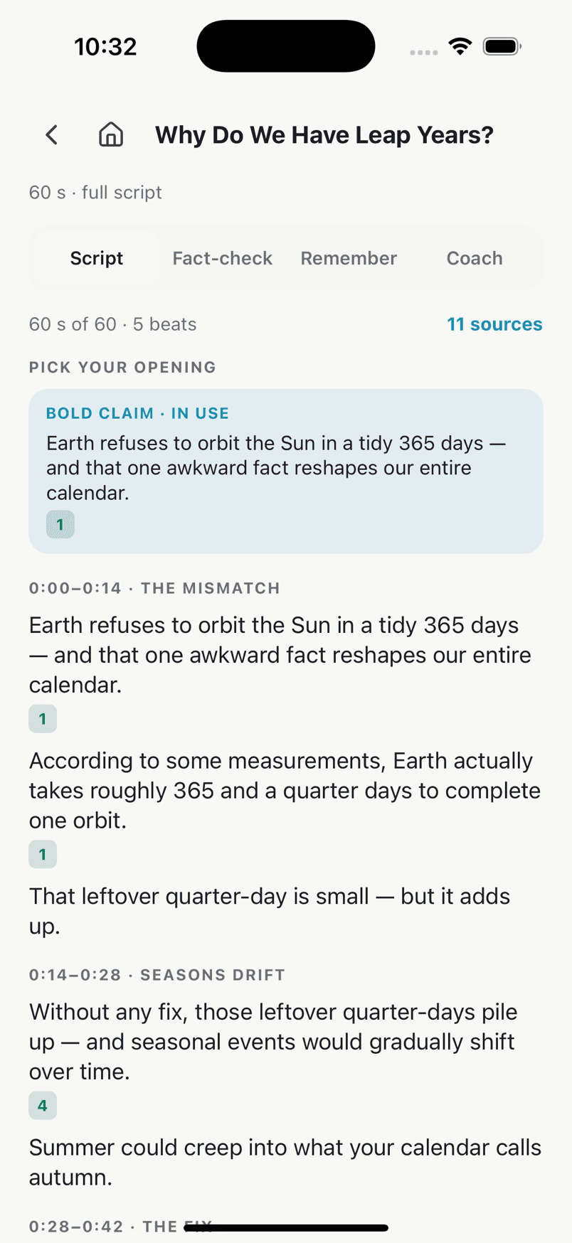 Script Agent script tab in the TrueSay app: a 60-second script on leap years in five beats, every line tagged with the number of its source, eleven sources in all.